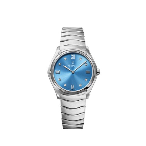 Ebel horloge met een kast in staal, met een wijzerplaat in het blauw met briljant en een diameter van 33 mm