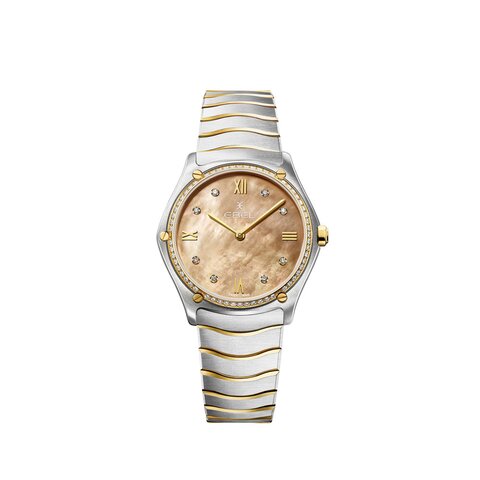 Ebel horloge met een kast in geel goud op staal, met een wijzerplaat in het parelmoer met  briljant en een diameter van 33 mm