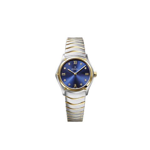 Ebel horloge met een kast in staal, met een wijzerplaat in het blauw met briljant en een diameter van 29 mm