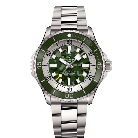 Breitling horloge met een kast in titanium, met een wijzerplaat in het groen en een diameter van 46 mm