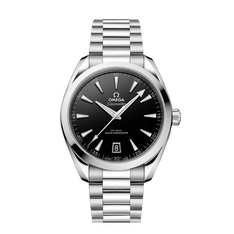 Omega horloge met een kast in staal, met een wijzerplaat in het zwart en een diameter van 41 mm