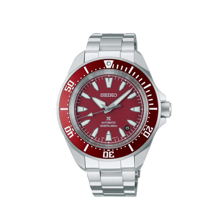 Seiko horloge met een kast in staal, met een wijzerplaat in het rood en een diameter van 42 mm