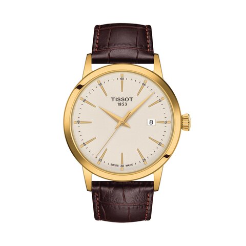 Tissot horloge met een kast in geel verguld, met een wijzerplaat in het beige en een diameter van 42 mm