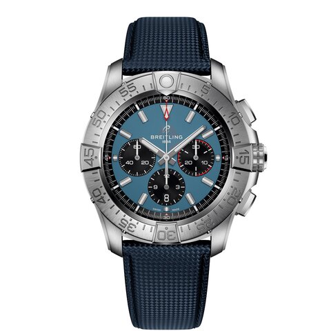 Breitling horloge met een kast in titanium, met een wijzerplaat in het blauw en een diameter van 46 mm