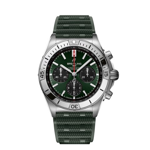 Breitling horloge met een kast in staal, met een wijzerplaat in het groen en een diameter van 42 mm