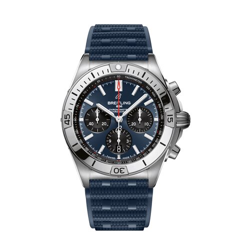 Breitling horloge met een kast in staal, met een wijzerplaat in het blauw en een diameter van 42 mm