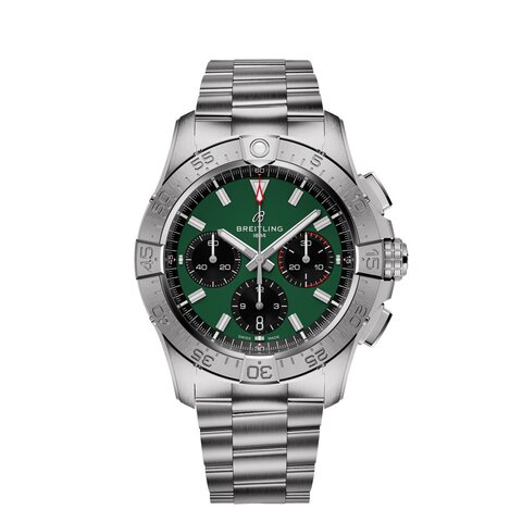 Breitling horloge met een kast in staal, met een wijzerplaat in het groen en een diameter van 42 mm