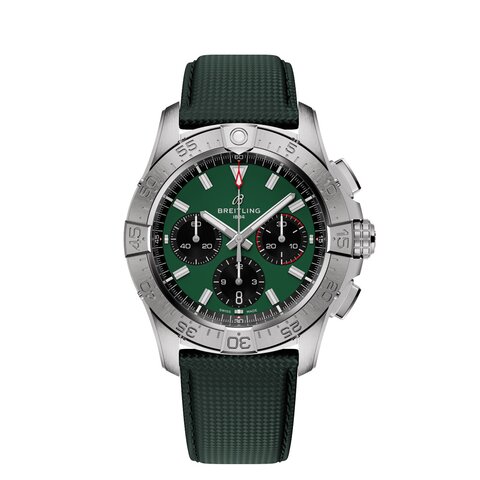 Breitling horloge met een kast in staal, met een wijzerplaat in het groen en een diameter van 42 mm