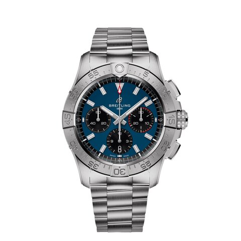 Breitling horloge met een kast in staal, met een wijzerplaat in het blauw en een diameter van 42 mm