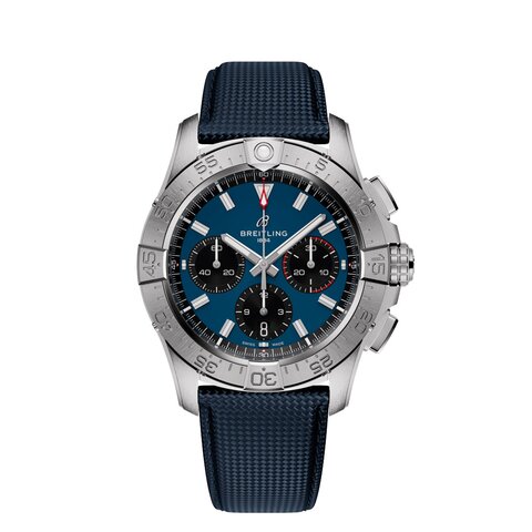 Breitling horloge met een kast in staal, met een wijzerplaat in het blauw en een diameter van 42 mm