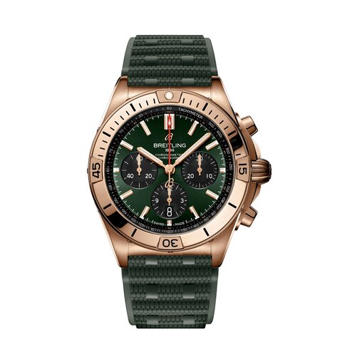 Breitling horloge met een kast in rosé goud, met een wijzerplaat in het groen en een diameter van 42 mm