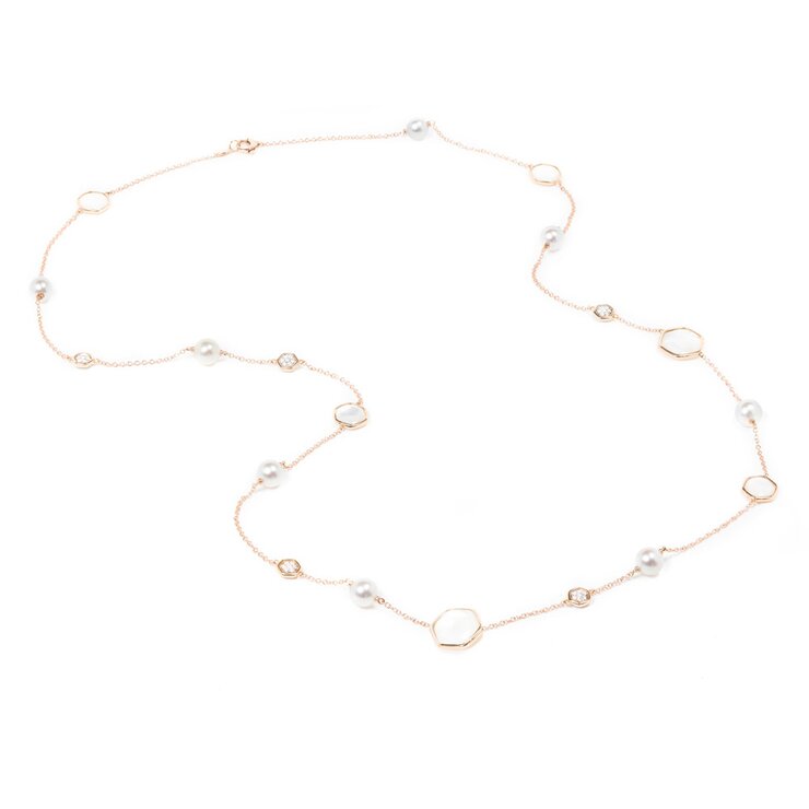 Utopia ketting in rosé goud 18kt met parels omringd door briljanten van 0,35 karaat