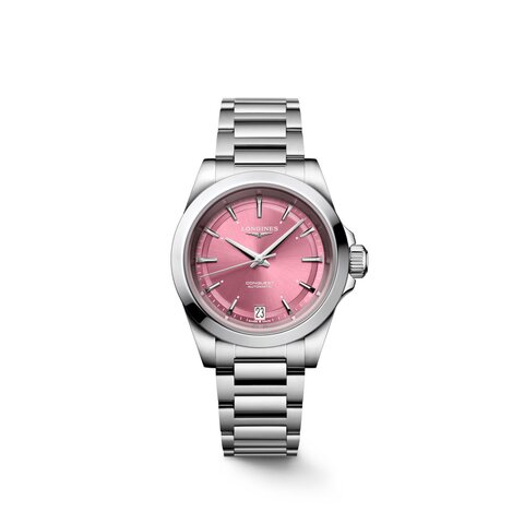 Longines horloge met een kast in staal, met een wijzerplaat in het roze en een diameter van 34 mm