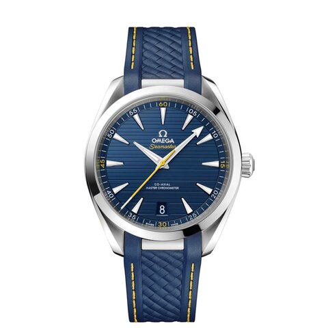 Omega horloge met een kast in staal, met een wijzerplaat in het blauw en een diameter van 41 mm