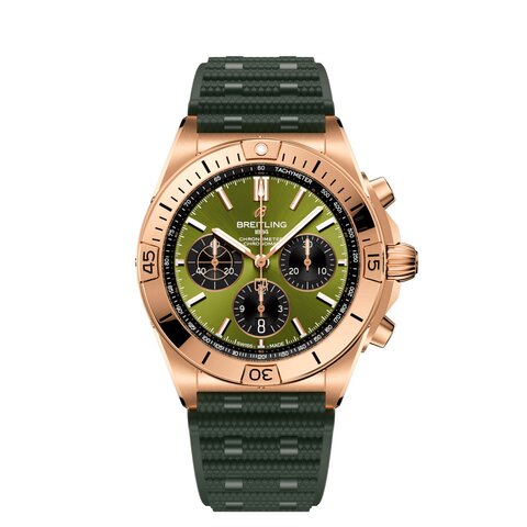 Breitling horloge met een kast in rosé goud, met een wijzerplaat in het groen en een diameter van 42 mm