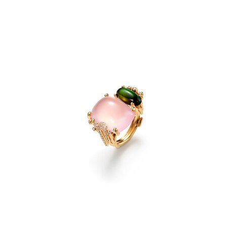 Ole Lynggaard ring in geel goud 18kt met quartz rose & toermalijn omringd door briljanten van 0,43 karaat