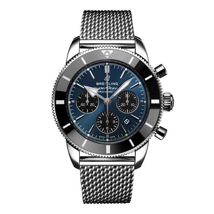 Breitling horloge met een kast in staal, met een wijzerplaat in het blauw en een diameter van 44 mm