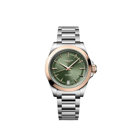 Longines horloge met een kast in rosé goud op staal, met een wijzerplaat in het groen en een diameter van 34 mm