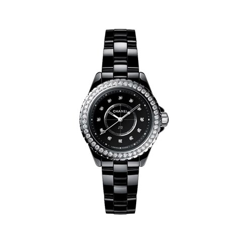 CHANEL horloge met een kast in keramiek, met een wijzerplaat in het zwart met briljant en een diameter van 33 mm