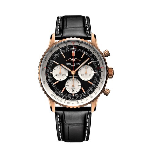 Breitling horloge met een kast in rosé goud, met een wijzerplaat in het zwart en een diameter van 43 mm