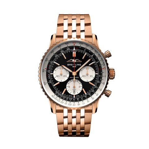 Breitling horloge met een kast in rosé goud, met een wijzerplaat in het zwart en een diameter van 43 mm