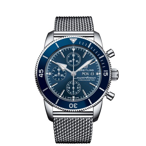 Breitling horloge met een kast in staal, met een wijzerplaat in het blauw en een diameter van 44 mm