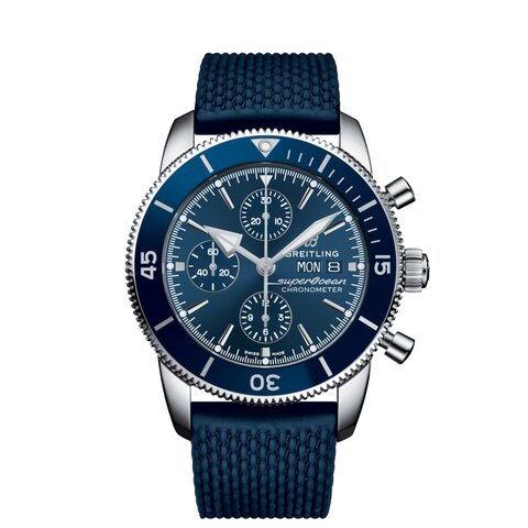 Breitling horloge met een kast in staal, met een wijzerplaat in het blauw en een diameter van 44 mm