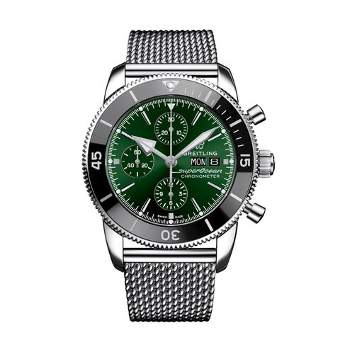 Breitling horloge met een kast in staal, met een wijzerplaat in het groen en een diameter van 44 mm