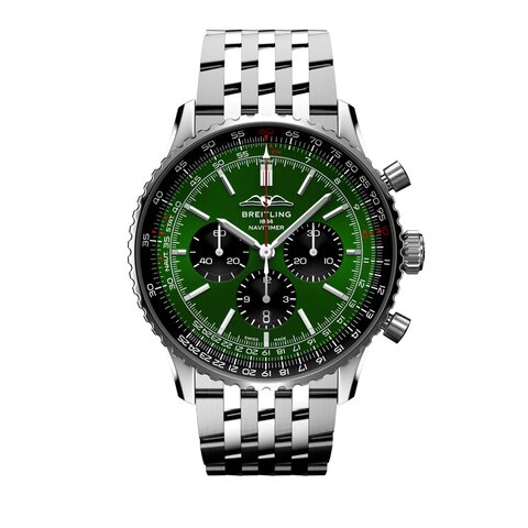 Breitling horloge met een kast in staal, met een wijzerplaat in het groen en een diameter van 46 mm