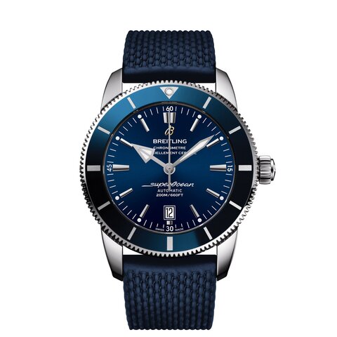 Breitling horloge met een kast in staal, met een wijzerplaat in het blauw en een diameter van 46 mm