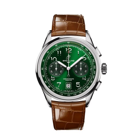 Breitling horloge met een kast in staal, met een wijzerplaat in het groen en een diameter van 42 mm