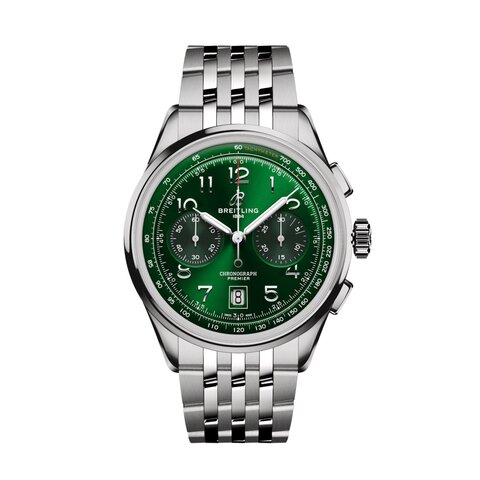 Breitling horloge met een kast in staal, met een wijzerplaat in het groen en een diameter van 42 mm