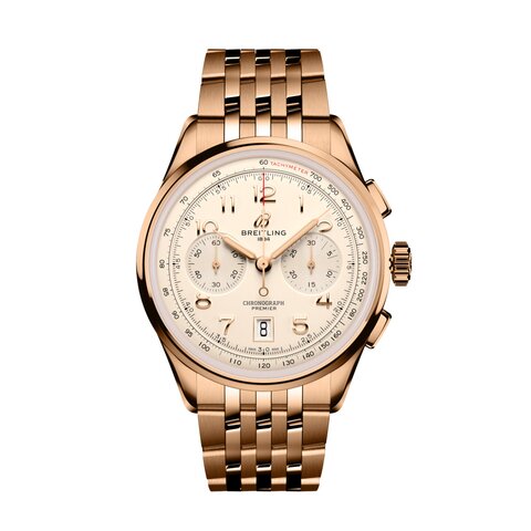 Breitling horloge met een kast in rosé goud, met een wijzerplaat in het beige en een diameter van 42 mm