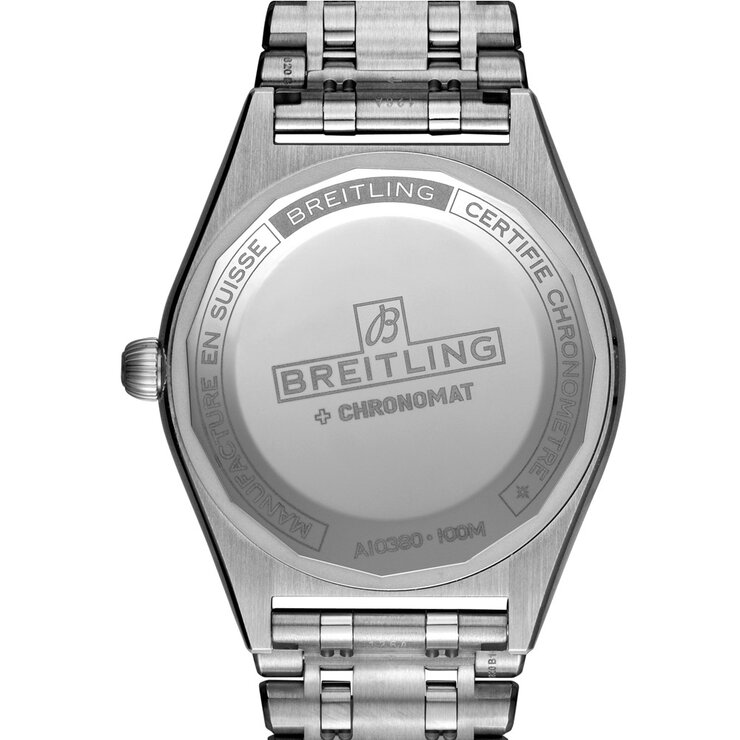 Breitling horloge met een kast in staal, met een wijzerplaat in het zilver met briljant en een diameter van 36 mm