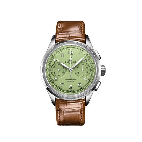 Breitling horloge met een kast in staal, met een wijzerplaat in het groen en een diameter van 40 mm