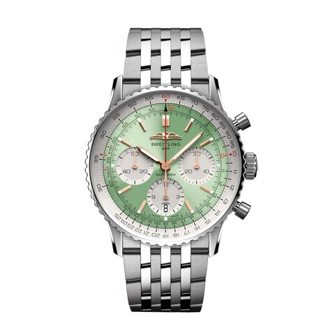 Breitling horloge met een kast in staal, met een wijzerplaat in het groen en een diameter van 41 mm