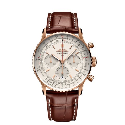 Breitling horloge met een kast in rosé goud, met een wijzerplaat in het zilver en een diameter van 41 mm