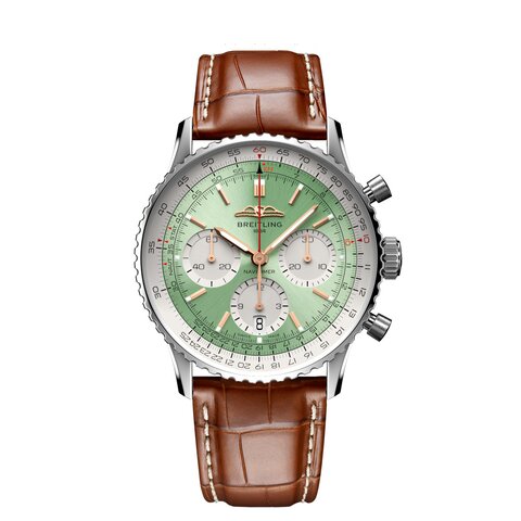 Breitling horloge met een kast in staal, met een wijzerplaat in het groen en een diameter van 41 mm