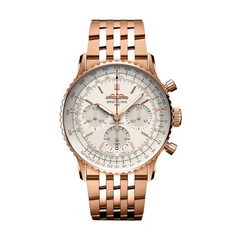 Breitling horloge met een kast in rosé goud, met een wijzerplaat in het zilver en een diameter van 41 mm