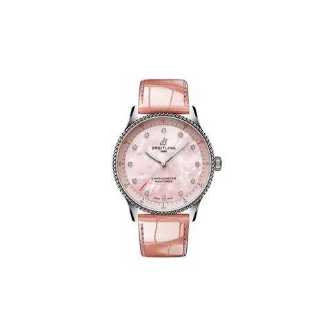 Breitling horloge met een kast in staal, met een wijzerplaat in het roze met briljant en een diameter van 32 mm