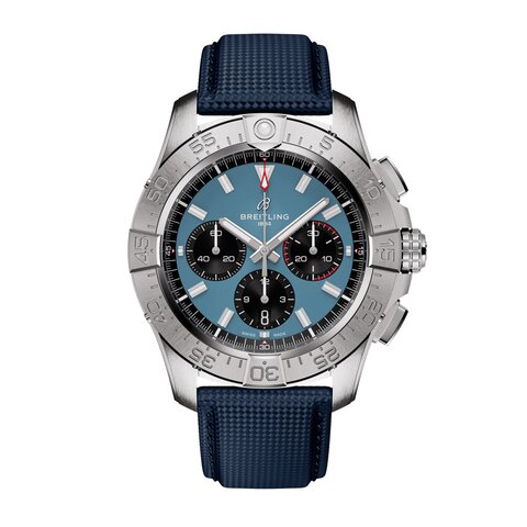 Breitling horloge met een kast in staal, met een wijzerplaat in het blauw en een diameter van 44 mm