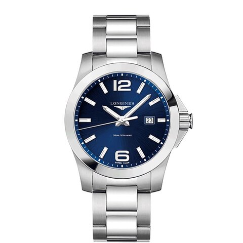 Longines horloge met een kast in staal, met een wijzerplaat in het blauw en een diameter van 43 mm