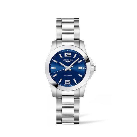 Longines horloge met een kast in staal, met een wijzerplaat in het blauw en een diameter van 34 mm