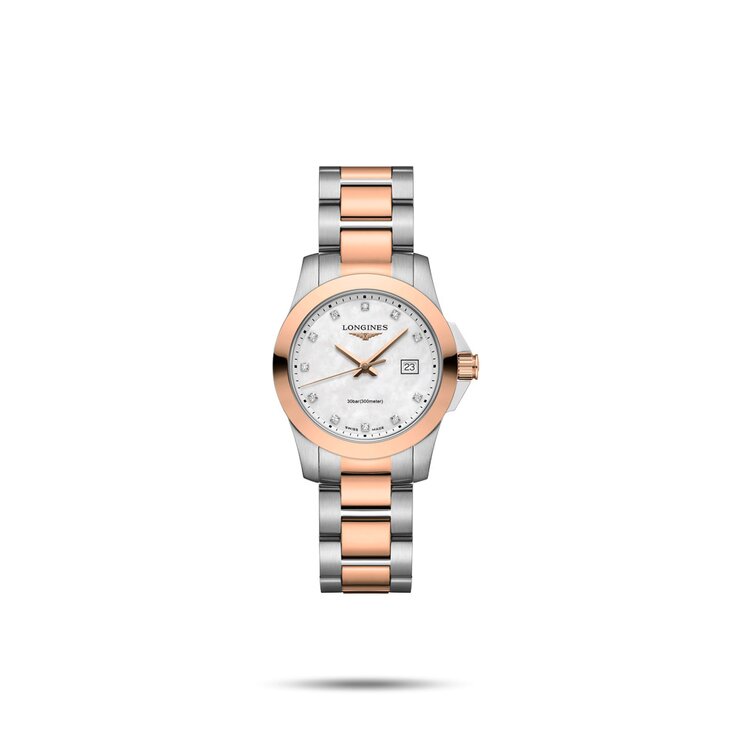 Longines horloge met een kast in rosé verguld op staal, met een wijzerplaat in het parelmoer met  briljant en een diameter van 29.5 mm