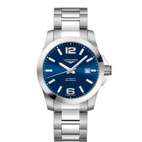 Longines horloge met een kast in staal, met een wijzerplaat in het blauw en een diameter van 41 mm