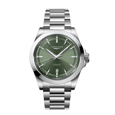 Longines horloge met een kast in staal, met een wijzerplaat in het groen en een diameter van 41 mm