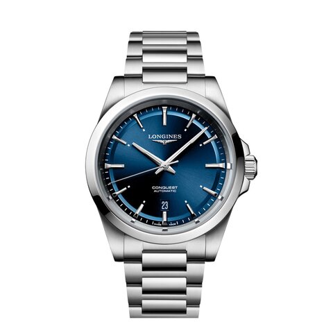 Longines horloge met een kast in staal, met een wijzerplaat in het blauw en een diameter van 41 mm