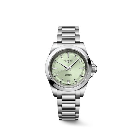 Longines horloge met een kast in staal, met een wijzerplaat in het groen en een diameter van 34 mm