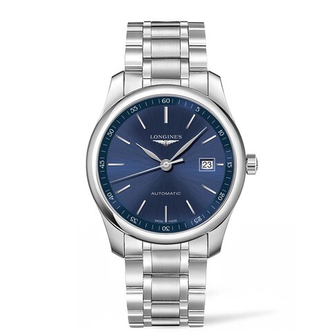 Longines horloge met een kast in staal, met een wijzerplaat in het blauw en een diameter van 42 mm