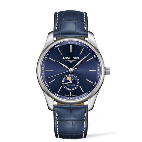 Longines horloge met een kast in staal, met een wijzerplaat in het blauw en een diameter van 42 mm